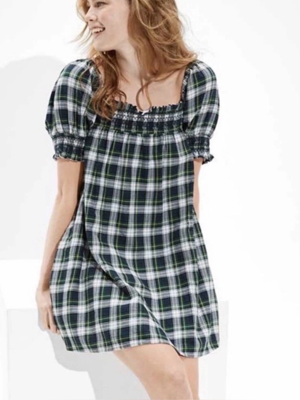 American Eagle Plaid Babydoll Mini Dress Small Smocked Puff Sleeve Cottagecore